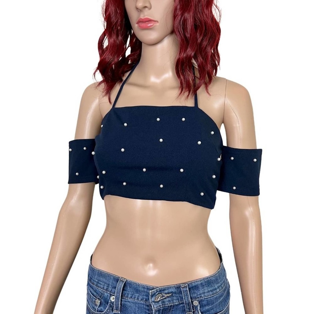 Miss Avenue Womens Pearl Off The Shoulder Crop Top Medium Navy Blue Halter